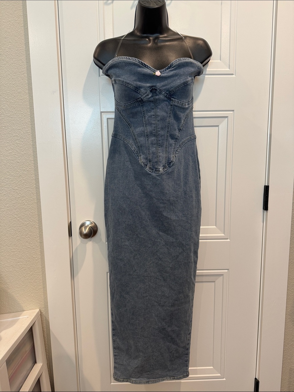 Fashion Nova Strapless Longline Denim Dress in Charcoal Blue